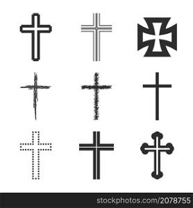 Collection of crosses, crucifixes of various shapes. Flat isolated Christian vector illustration, biblical background.. Collection of crosses, crucifixes of various shapes. Flat isolated Christian illustration