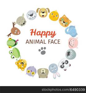 Collection of Cute Animal Faces. Animal Head Icons. Happy animal face logos collection. Cute heads set. Cartoon masks for masquerade, holiday, festival, halloween. Icons sticker of forest characters for pet shop. Isolated object in flat design. Vector