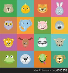Collection of Cute Animal Faces. Head Icon Set.. Collection of cute animal faces. Animal head icon set. Cartoon masks for masquerade, holiday, festival, halloween. Icons sticker of forest characters. Isolated object in flat design. Vector