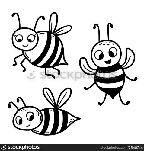 Collection of cute bees. Winged striped insect, wasp. Linear hand drawing. Vector illustration. Character for design, decor, decoration and print