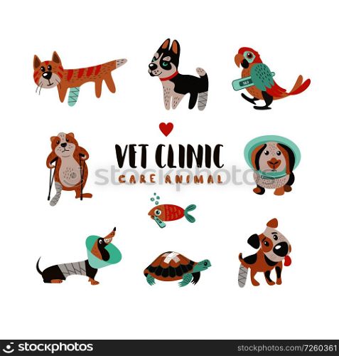 Collection of cute cartoon animals, poor sick Pets. Dogs of different breeds, a cat, a hamster with a broken leg, a parrot, a fish and a turtle. On white background. For veterinary clinics of animal shelters.. Veterinary care. Vector template flyer veterinary clinic.