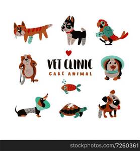 Collection of cute cartoon animals, poor sick Pets. Dogs of different breeds, a cat, a hamster with a broken leg, a parrot, a fish and a turtle. On white background. For veterinary clinics of animal shelters.. Veterinary care. Vector template flyer veterinary clinic.