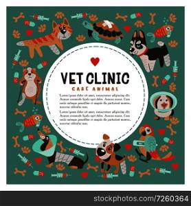Collection of cute cartoon animals, poor sick Pets. Dogs of different breeds, a cat, a hamster with a broken leg, a parrot, a fish and a turtle. With space for text. For veterinary clinics of animal shelters.. Veterinary care. Vector template flyer veterinary clinic.
