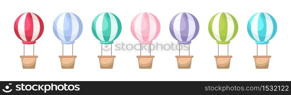Collection of cute cartoon baby&rsquo;s air balloons isolated on white background. Set of air balloons of different colors for design of kid&rsquo;s rooms clothing album card invitation. Flat vector illustration