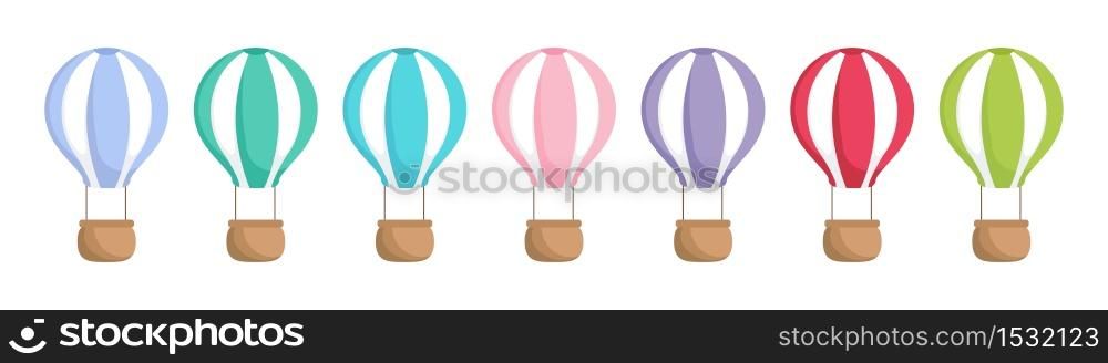 Collection of cute cartoon baby&rsquo;s air balloons isolated on white background. Set of air balloons of different colors for design of kid&rsquo;s rooms clothing album card invitation. Flat vector illustration