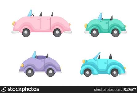 Collection of cute cartoon baby&rsquo;s cars isolated on white background. Set of different models of cars for design of kid&rsquo;s rooms clothing textiles album card invitation. Flat vector illustration.
