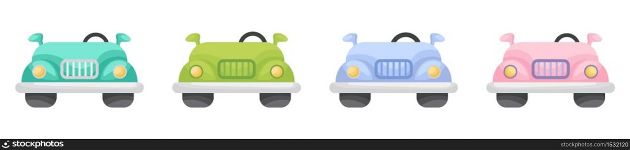 Collection of cute cartoon baby&rsquo;s cars isolated on white background. Set of cars of different colors for design of kid&rsquo;s rooms clothing textiles album card invitation. Flat vector illustration.