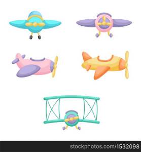Collection of cute cartoon baby&rsquo;s planes isolated on white background. Set of different models of planes for design of kid&rsquo;s rooms clothing textiles album card invitation. Flat vector illustration.