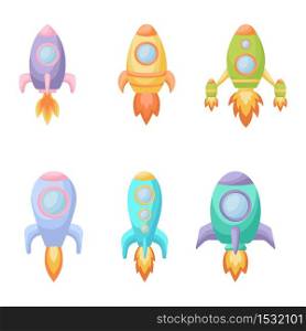 Collection of cute cartoon baby&rsquo;s rockets. Set of different models of rockets for design of kid&rsquo;s rooms clothing textiles album card invitation. Flat vector illustration isolated on white background.