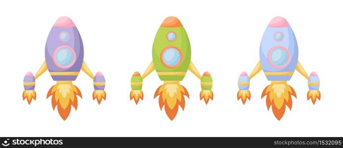 Collection of cute cartoon baby&rsquo;s rockets isolated on white background. Set of rockets of different colors for design of kid&rsquo;s rooms clothing textiles album card invitation. Flat vector illustration.