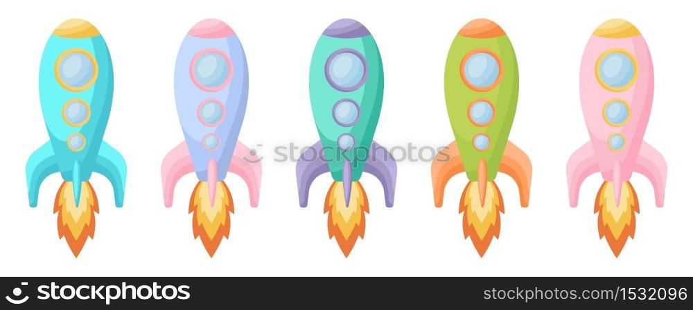Collection of cute cartoon baby&rsquo;s rockets isolated on white background. Set of rockets of different colors for design of kid&rsquo;s rooms clothing textiles album card invitation. Flat vector illustration.