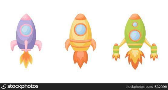 Collection of cute cartoon baby&rsquo;s rockets isolated on white background. Set of different models of rockets for design of kid&rsquo;s rooms clothing textiles album card invitation. Flat vector illustration.