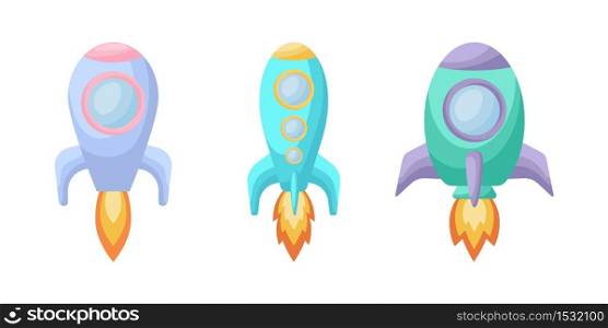Collection of cute cartoon baby&rsquo;s rockets isolated on white background. Set of different models of rockets for design of kid&rsquo;s rooms clothing textiles album card invitation. Flat vector illustration.