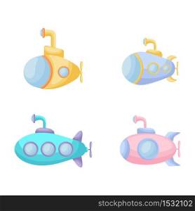 Collection of cute cartoon baby&rsquo;s submarines isolated on white background. Set of different models of submarines for design of kid&rsquo;s rooms clothing album card invitation. Flat vector illustration.