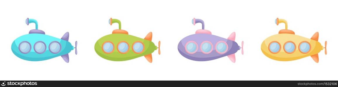 Collection of cute cartoon baby&rsquo;s submarines isolated on white background. Set of submarines of different colors for design of kid&rsquo;s rooms clothing album card invitation. Flat vector illustration.