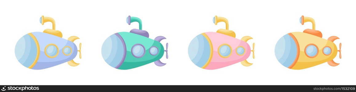 Collection of cute cartoon baby&rsquo;s submarines isolated on white background. Set of submarines of different colors for design of kid&rsquo;s rooms clothing album card invitation. Flat vector illustration.