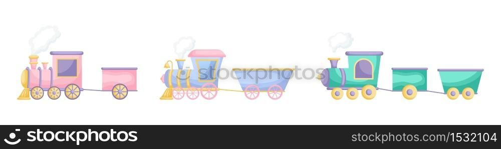 Collection of cute cartoon baby&rsquo;s trains isolated on white background. Set of different models of trains for design of kid&rsquo;s rooms clothing textiles album card invitation. Flat vector illustration.