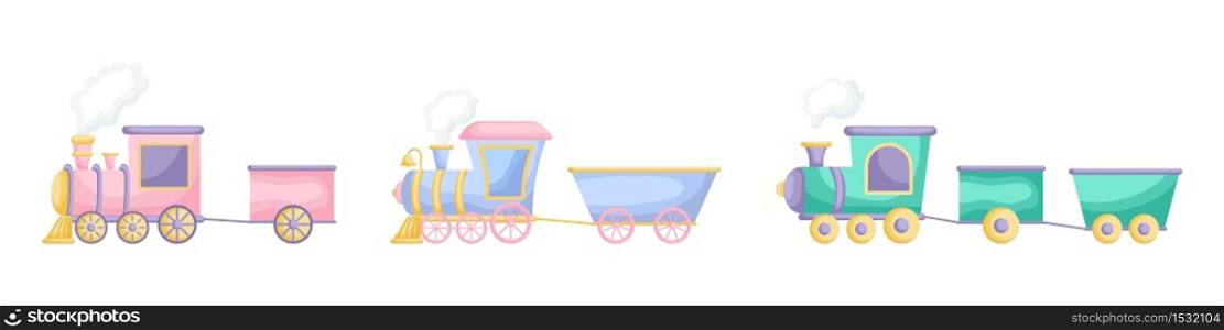Collection of cute cartoon baby&rsquo;s trains isolated on white background. Set of different models of trains for design of kid&rsquo;s rooms clothing textiles album card invitation. Flat vector illustration.