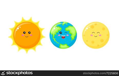 Collection of cute cartoon character. Sun, Earth and Moon. Vector illustration isolated on white background.
