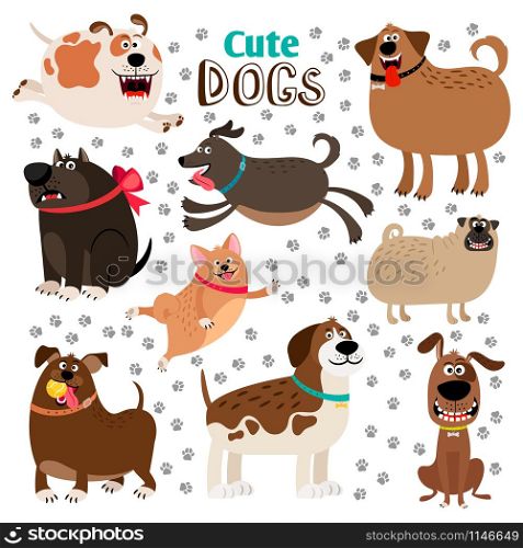 Collection of cute cartoon dogs and dogsfootprints on whote background. Vector illustration. Collection of cute cartoon dogs