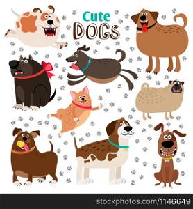 Collection of cute cartoon dogs and dogsfootprints on whote background. Vector illustration. Collection of cute cartoon dogs