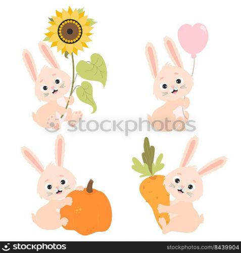 Collection of cute cartoon rabbits. Funny bunny with sunflower and pumpkin, with big carrot and balloon. Vector illustration. Isolated characters for cards, design and decor, print, kids collection