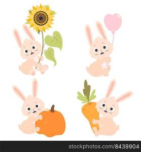 Collection of cute cartoon rabbits. Funny bunny with sunflower and pumpkin, with big carrot and balloon. Vector illustration. Isolated characters for cards, design and decor, print, kids collection