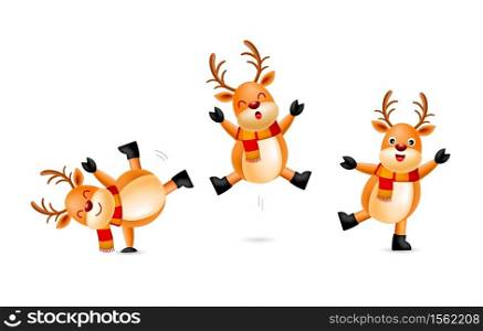 Collection of cute cartoon Reindeer with scarf. Merry Christmas and Happy New Year. Illustration isolated on white background.