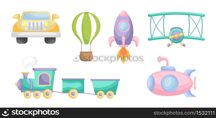 Collection of cute cartoon transport for boys isolated on white background. Set of transportation theme for design of kid&rsquo;s rooms clothing textiles album card invitation. Flat vector illustration.