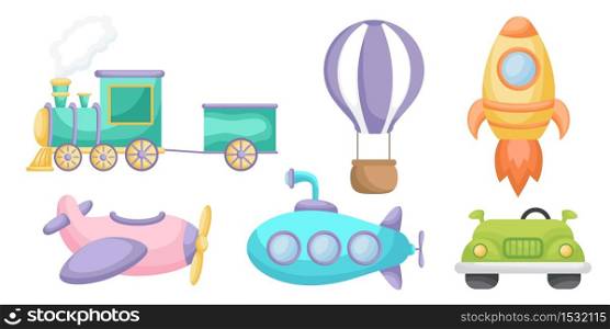 Collection of cute cartoon transport for boys isolated on white background. Set of transportation theme for design of kid&rsquo;s rooms clothing textiles album card invitation. Flat vector illustration.