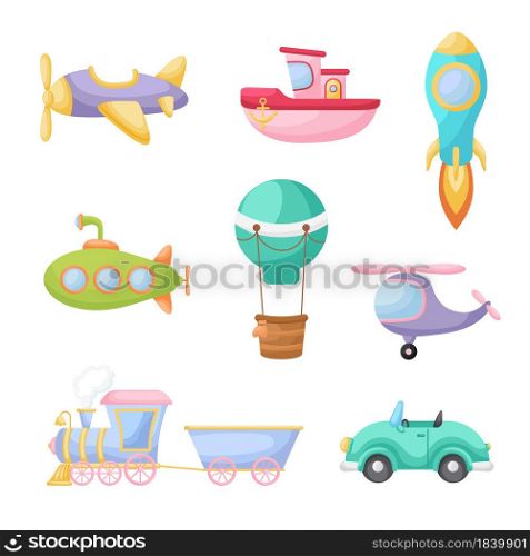 Collection of cute cartoon transport. Set of vehicles for design of childrens book, album, baby shower, greeting card, party invitation, house interior. Bright colored childish vector illustration.