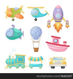 Collection of cute cartoon transport. Set of vehicles for design of childrens book, album, baby shower, greeting card, party invitation, house interior. Bright colored childish vector illustration.