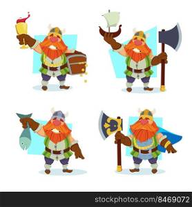 Collection of cute cartoon viking in costume holding fish, glass of wine, box of gold, sword