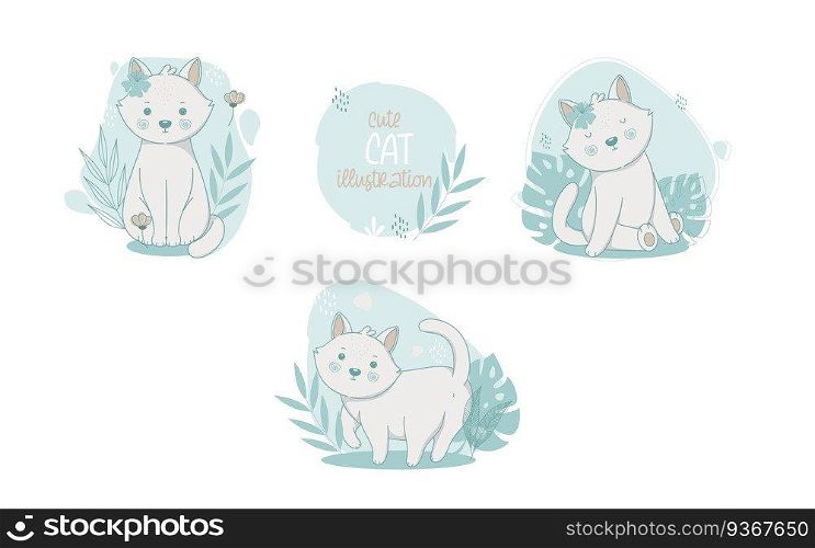 Collection of cute cats cartoon animals. Vector illustration.