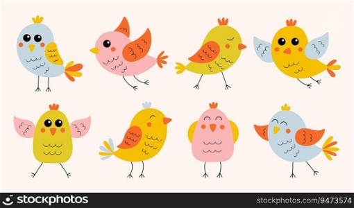 Collection of cute colorful hand drawn birds. Cartoon funny animals in flat style. Vector illustration.