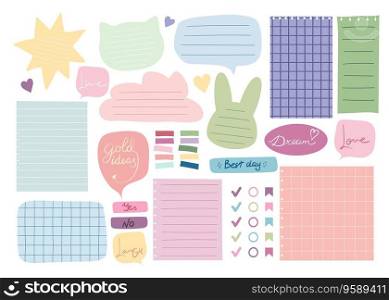 Collection of cute colorful paper notes. Blank cartoon banners and sticky notes for to-do-list, memo message notepads paper sheets and planner. Stickers, bookmarks and assorted elements for marking and decoration. Vector illustration