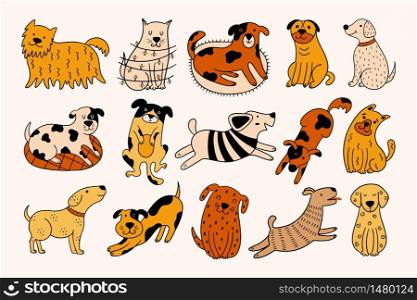 Collection of cute dogs. Set of 15 doodle pets on a beige background. Hand-drawn vector illustration with colorful dogs in different positions.