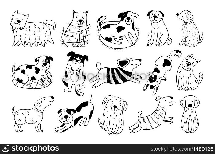 Collection of cute dogs. Set of 15 doodle pets on a white background. Hand-drawn vector illustration with black and white dogs.