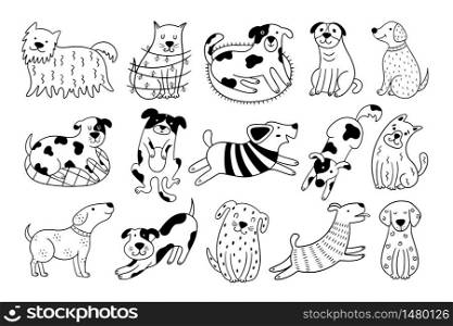Collection of cute dogs. Set of 15 doodle pets on a white background. Hand-drawn vector illustration with black and white dogs.