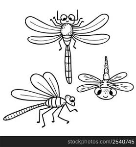 Collection of cute dragonflies. Winged insect. Linear hand drawn doodle. Vector illustration. Character for design, decor, decoration and print