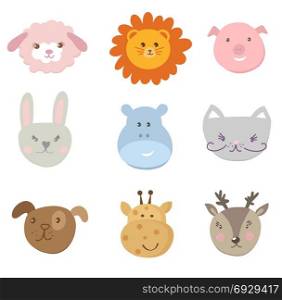 Collection of cute face animal. Big set, collection of cute faces of baby animals on white background. Included sheep, lion, pig, rabbit, hare, hippo, cat, dog, giraffe, deer.