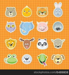 Collection of Cute Face Animal. Collection of cute face animal. Animal head icon set. Cartoon animal head collection. Forest animal portrait flat icons set. Isolated object in flat design on white background. Vector illustration.