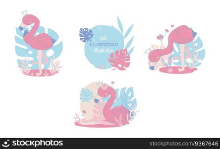 Collection of cute flamingos cartoon animals. Vector illustration.
