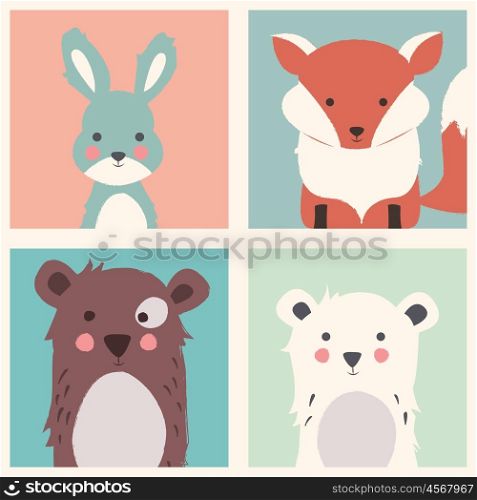 Collection of cute forest and polar animals with baby cubs, including bear, fox and rabbit, vector illustration