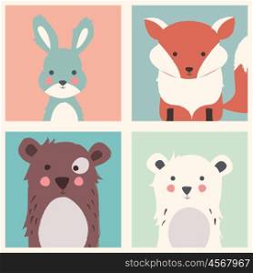 Collection of cute forest and polar animals with baby cubs, including bear, fox and rabbit, vector illustration