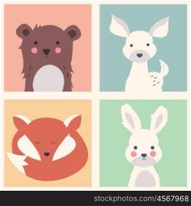 Collection of cute forest and polar animals with baby cubs, including bear, fox, fawn and rabbit, vector illustration