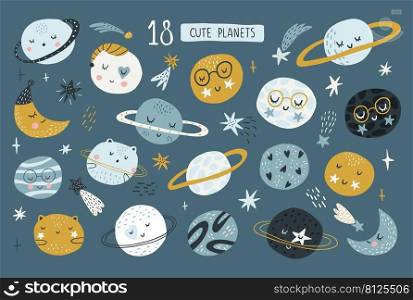 Collection of Cute Funny Baby Planets. Funny baby planets in flat vector illustration. Lovely celestial bodies with smiling faces. Cartoon native colorful astronomical objects.. Collection of Cute Funny Baby Planets. Funny baby planets in flat vector illustration. Lovely celestial bodies with smiling faces. Cartoon native colorful astronomical objects