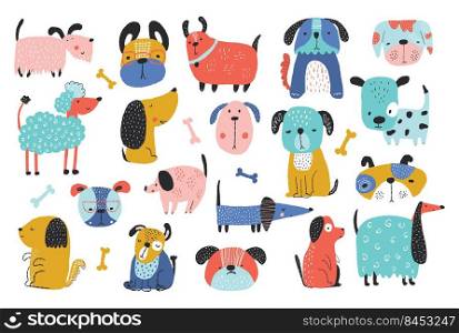 Collection of cute funny dogs. Set of different cartoon pets isolated on white background. Creative animal print dog for nursery, clothes, postcards. Colorful hand drawn vector illustration.. Collection of cute funny dogs. Set of different cartoon pets isolated on white background. Creative animal print dog for nursery, clothes, postcards. Colorful hand drawn vector illustration