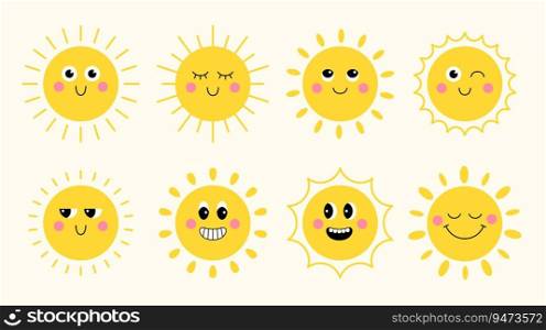Collection of cute groovy cartoon sun characters. Funny faces with shining light rays in flat style.