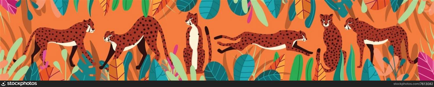 Collection of cute hand drawn cheetahs on orange tropical background, standing, stretching, running and walking with exotic plants. Flat vector illustration
